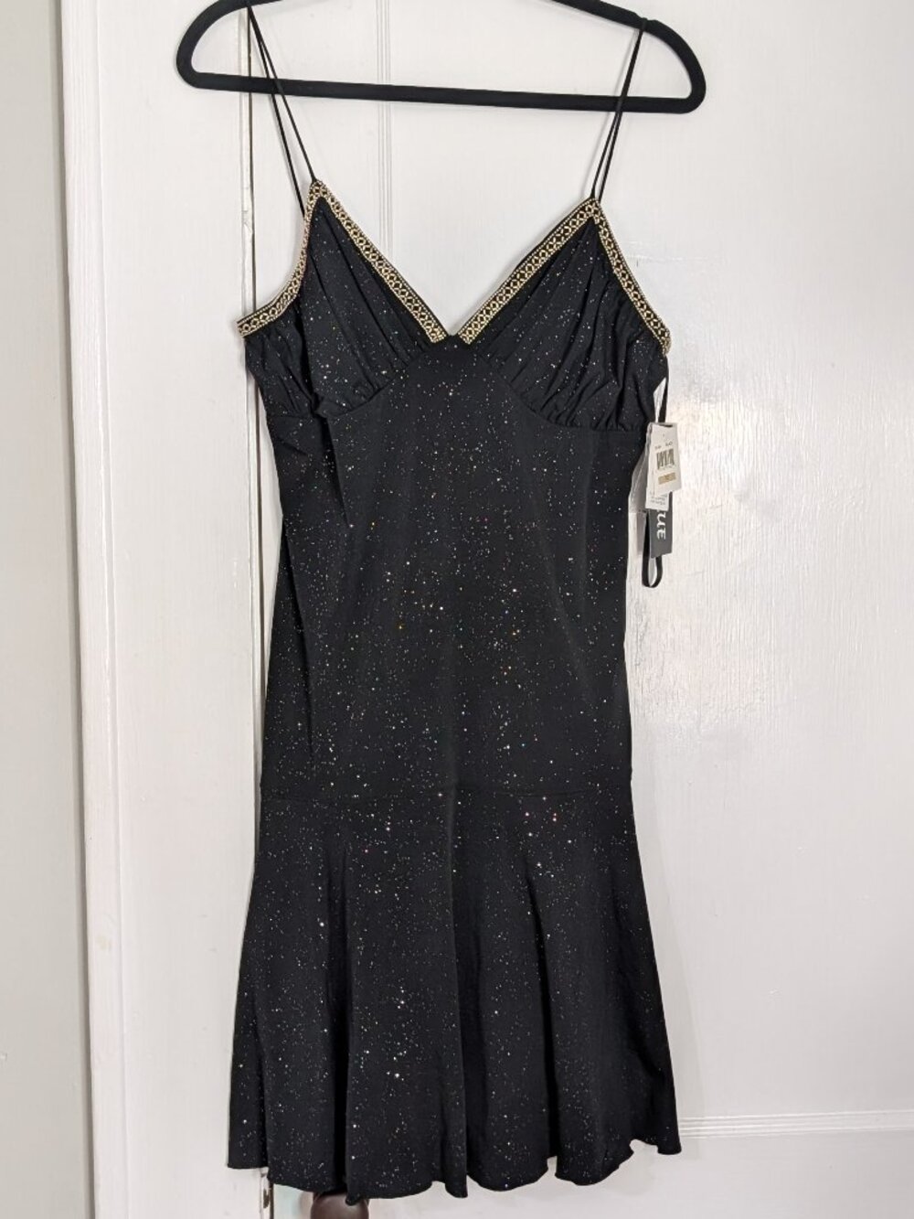 Eva Blue Women's S/M Black Sparkly Beaded Mini Dress Sleeveless Y2K NWT V Cut